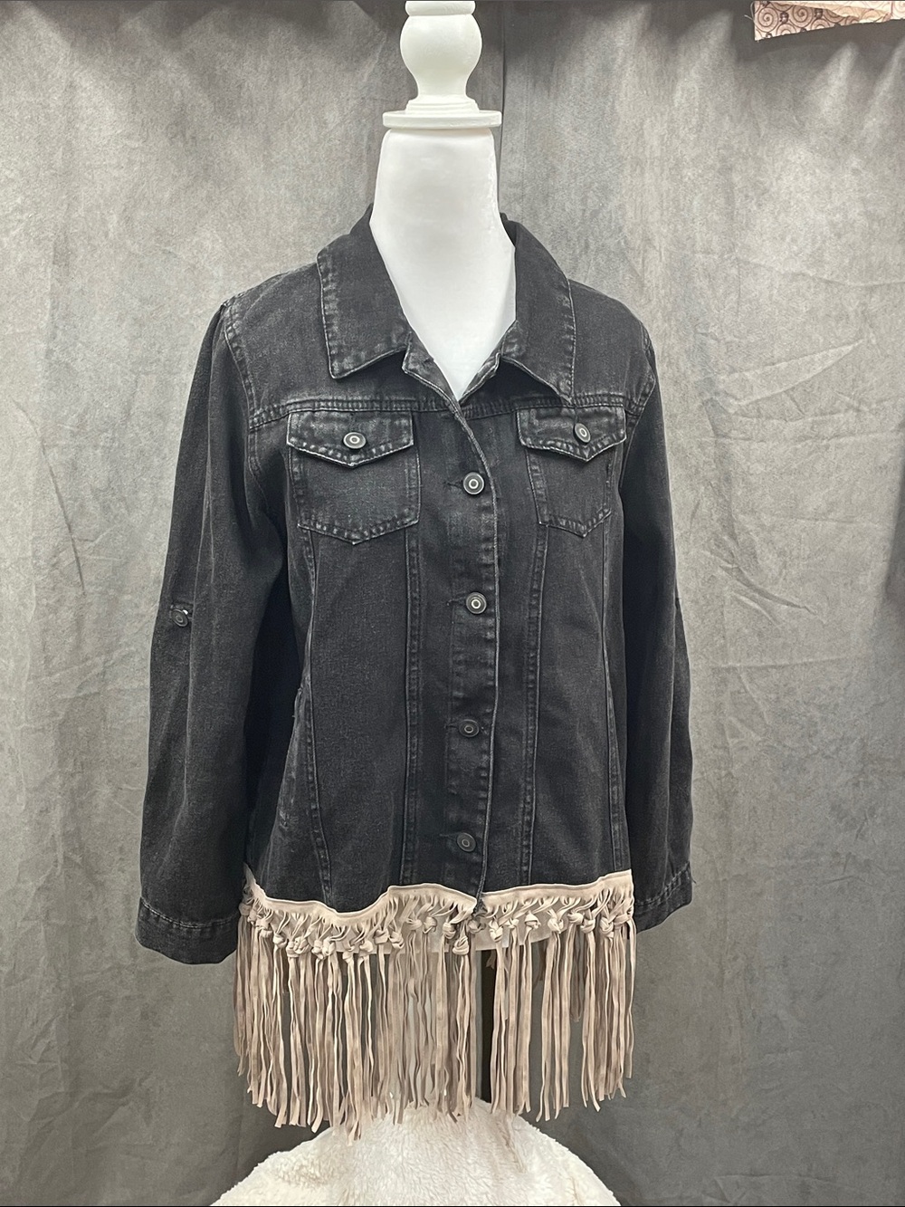 Origami-Black Denim Jacket with Cream Fringe Hem